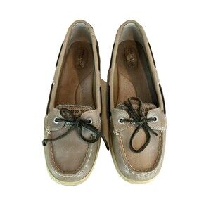 Sperry Top-Sider Women's Taupe Leather / Metallic Deck Boat Shoes Size 9.5
